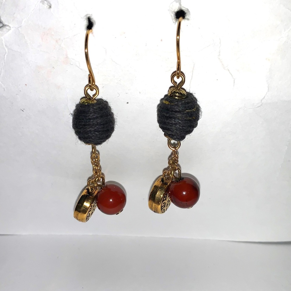 Bohemian Mixed Media Drop Earrings Gold Tone Red Stone Grey Thread Bead Dangle